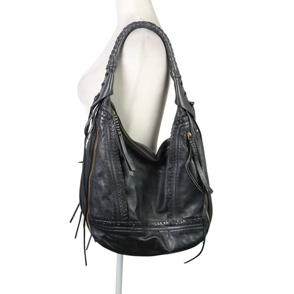 Oryany Black Leather Slouchy Hobo Shoulder Bag Purse Fringe Tassels - Picture 1 of 8